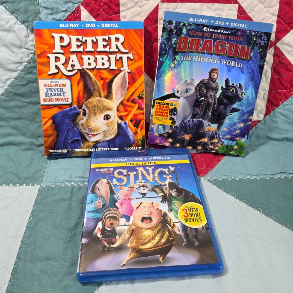 Sony Universal DreamWorks Blu-ray DVD Lot SING Peter Rabbit Dragon: Hidden World